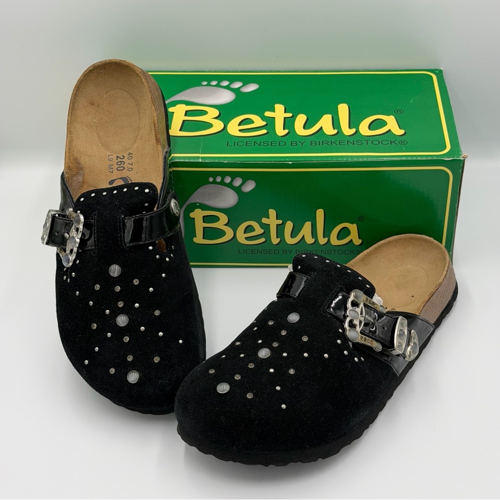Betula Black Suede Mules with Studded Accents